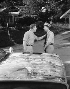 Andy and Barney shoot their first scene on The Andy Griffith Show. The production was supposed to revolve around Andy; but once producers saw the magic between Andy and Don, they set about reordering the show around their relationship. CBS Photo Archive/Getty Images